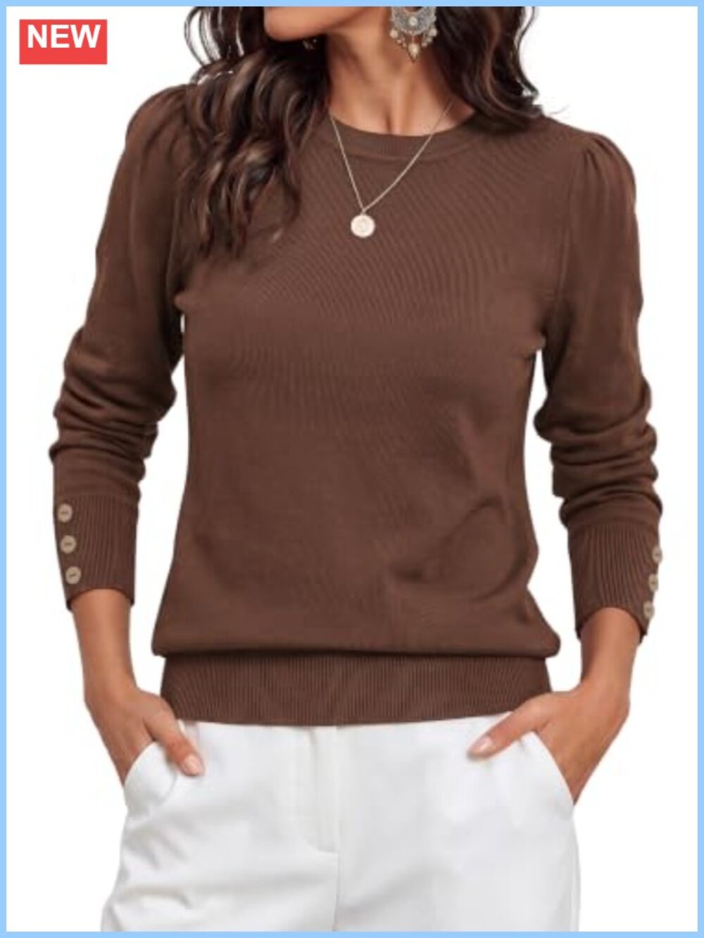 Lightweight Crewneck Pullover Sweater Button Cuff Long Sleeve Work Top